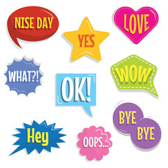 Set of beautiful text bubbles in cartoon style. Vector illustration of colored text bubbles of different shapes and inscriptions: have a nice day, yes, love, what, wow, hey, oops, bye bye.