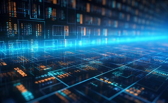 Visualization of programming languages connected to database in futuristic style background. Generative AI.