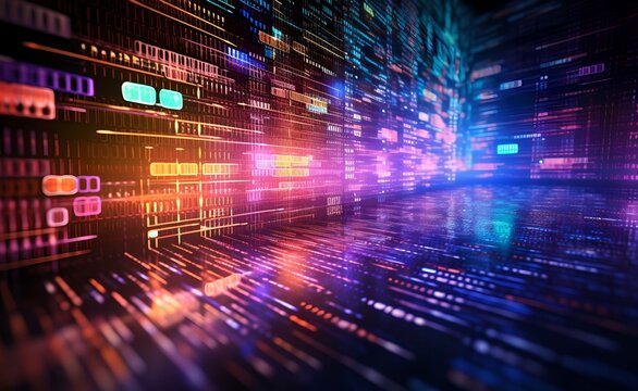 Visualization of programming languages connected to database in futuristic style background. Generative AI.