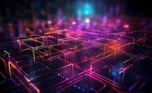 Visualization of programming languages connected to database in futuristic style background. Generative AI.