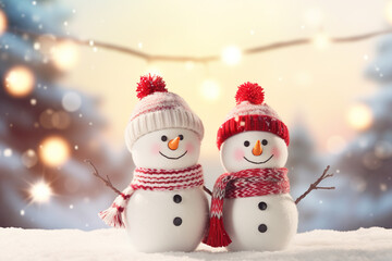 Winter holiday christmas background banner - Closeup of two cute funny laughing snowmen couple with...