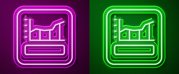 Glowing neon line Graph, schedule, chart, diagram, infographic, pie graph icon isolated on purple and green background. Vector