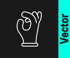 White line Medical rubber gloves icon isolated on black background. Protective rubber gloves. Vector