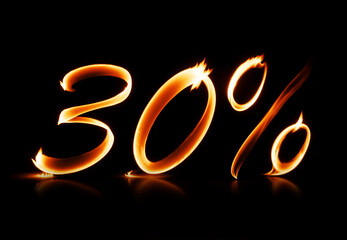 30% off value symbol made from burning flame, on black background, hot sale discount. Generative AI 