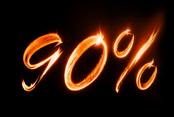 90% off value discount made from burning flame, on black background, hot sale discount. Generative AI 
