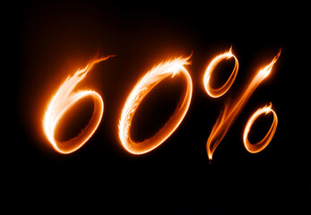 60% off value symbol made from burning flame, on black background, hot sale discount. Generative AI 