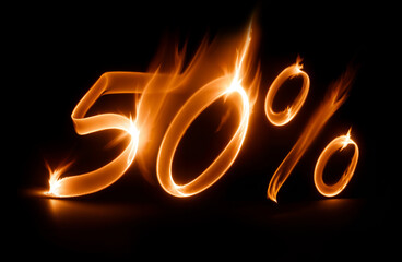 50% off value discount made from burning flame, on black background, hot sale discount. Generative AI 