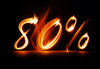 80% off value symbol made from burning flame, on black background, hot sale discount. Generative AI 