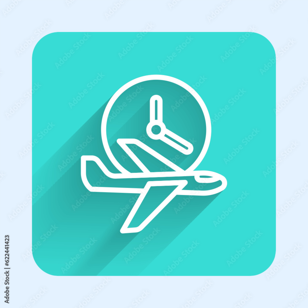 Poster white line flight time icon isolated with long shadow background. green square button. vector