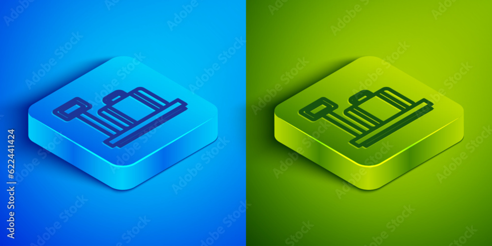 Poster isometric line scale with suitcase icon isolated on blue and green background. logistic and delivery