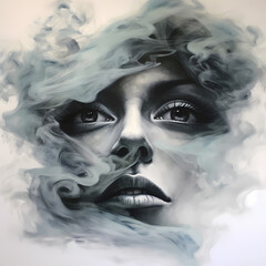 Face of young woman covered in smoke.