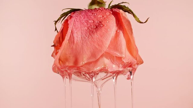 Transparent Cosmetic Gel Fluid, Oil Dripping with Rose On A Pink Background. Production Close-Up. Slow Motion. High quality 4k footage