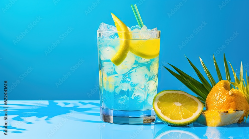 Poster a glass of lemonade and a lemon slice on a table. generative ai