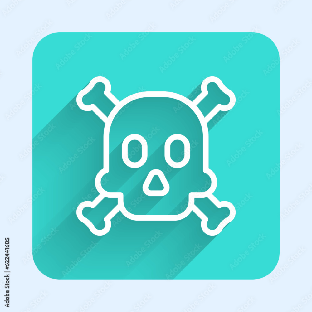 Poster white line bones and skull as a sign of toxicity warning icon isolated with long shadow background. 