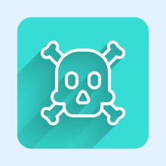 White line Bones and skull as a sign of toxicity warning icon isolated with long shadow background. Green square button. Vector
