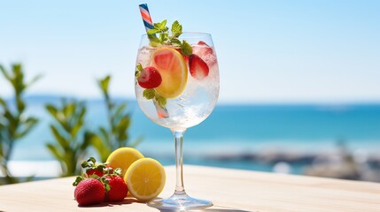  a glass of water with strawberries and lemons on a table.  generative ai