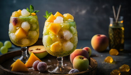 Fruit salad with apples, grapes and peaches.Generative AI