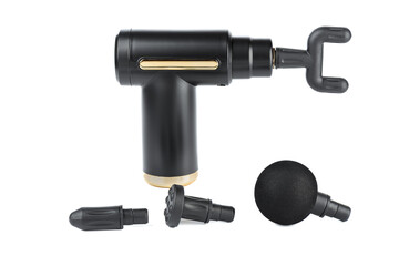 Massage gun and nozzles of various configurations on a white background.