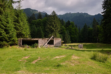 Fototapeta na wymiar A walk through the Bucegi Natural Park.A dilapidated old building.Beautiful mountains 