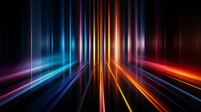 abstract rainbow spectrum glowing paralel lines on dark background, generative, ai