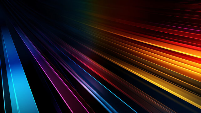 abstract rainbow spectrum glowing paralel lines on dark background, generative, ai
