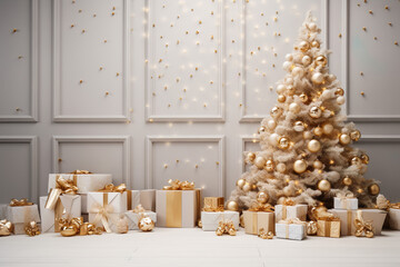Merry Christmas holiday celebration greeting card background - Modern christmas tree with golden noble luxurious baubles and presents on floor | Generative AI