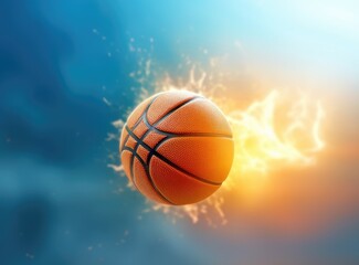 Obraz premium Street basketball ball falling into the hoop. Close up of orange ball above the hoop net with blue sky in the background. Created with Generative AI technology.