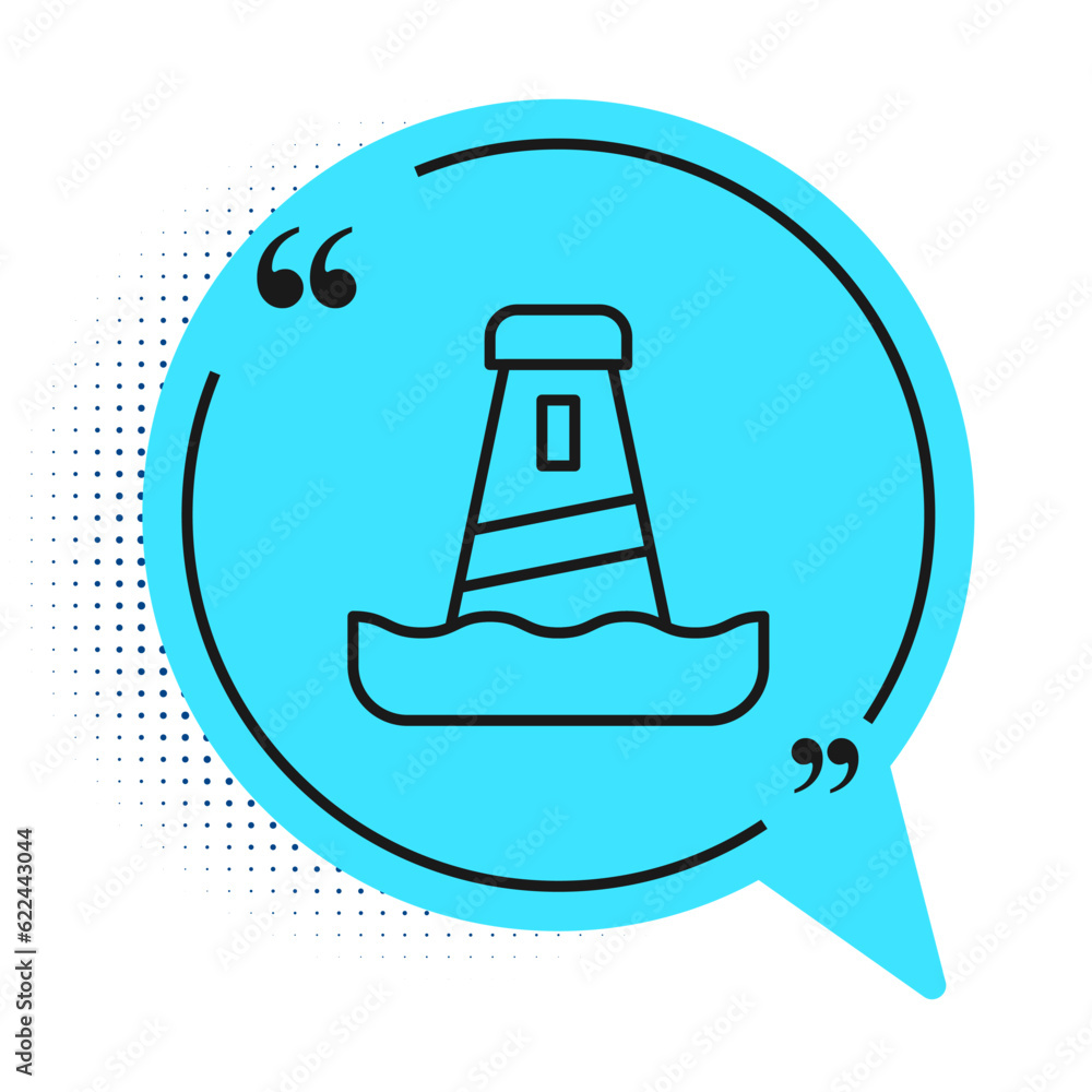 Sticker Black line Lighthouse icon isolated on white background. Blue speech bubble symbol. Vector