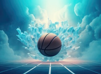 Obraz premium Street basketball ball falling into the hoop. Close up of orange ball above the hoop net with blue sky in the background. Created with Generative AI technology.