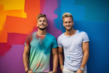 handsome gay couple standing together in front of a rainbow colored wall, generative ai