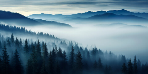 Obraz premium landscape of mountains and pine forest with mist and fog at morning, mystic panoramic view, generative ai