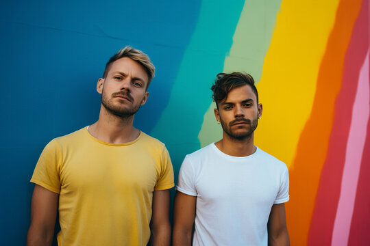 handsome gay couple standing together in front of a rainbow colored wall, generative ai