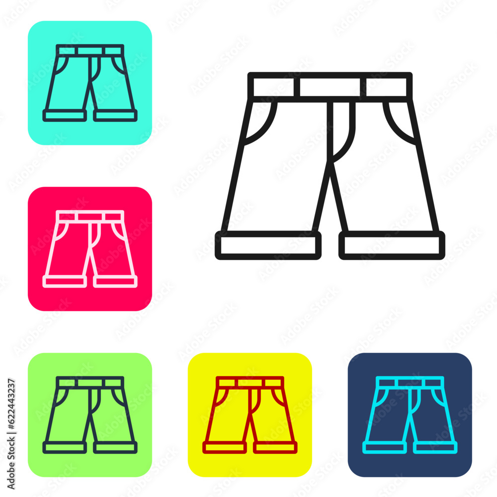 Poster Black line Short or pants icon isolated on white background. Set icons in color square buttons. Vector