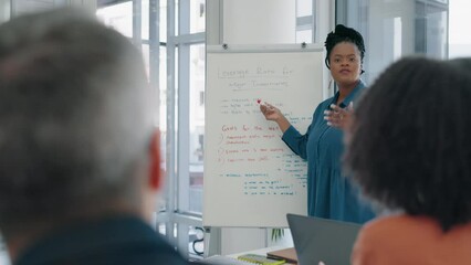 Business meeting, presentation and woman, manager or african speaker on whiteboard of audience training. Coaching, project proposal or company pitch of people speaking or clients attention in seminar