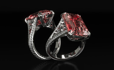 Two white gold rings with rubies and diamonds, 3d illustration