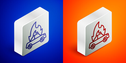 Isometric line Burning car icon isolated on blue and orange background. Insurance concept. Car on fire. Broken auto covered with fire and smoke. Silver square button. Vector