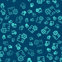 Obraz premium Green line Delivery security with shield icon isolated seamless pattern on blue background. Delivery insurance. Insured cardboard boxes beyond the shield. Vector