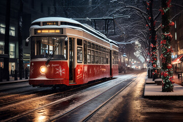 Fototapeta na wymiar a tram decorated with Christmas lights drives through the snowy streets of the big city on Christmas Eve, generative ai