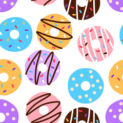 Colorful flat falling donut seamless pattern on white background. Bright doughnut with sugar sprinkles repeat tile. Unhealthy dessert wallpaper wrapping paper design Fabric textile vector illustration