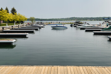 Motorboat returning from Kempenfelt Bay on Lake Simcoe to dock at Barrie Marina