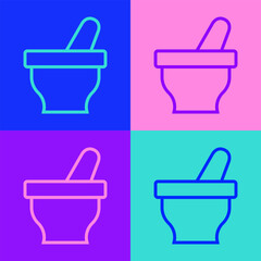 Pop art line Mortar and pestle icon isolated on color background. Vector