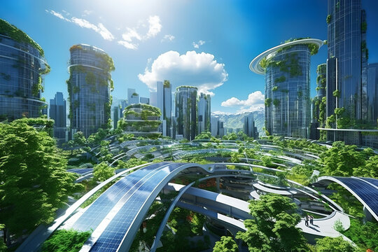 Advanced futuristic green energy in urban landscapes, modern skyscrapers made of glass and metal, green foliage and solar panels on the roofs, generative ai