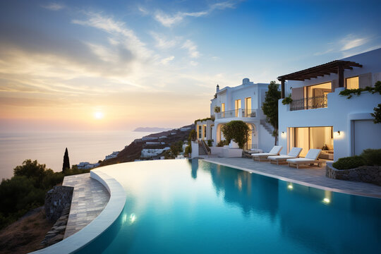 luxury white villa next to the sea at summer with swimming pool in resort, generative ai