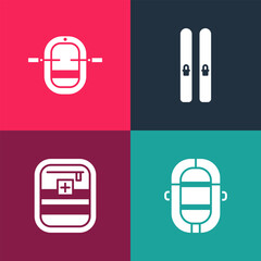 Set pop art Rafting boat, First aid kit, Ski and sticks and icon. Vector
