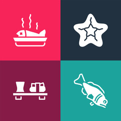 Set pop art Fish, Sushi on cutting board, Starfish and Served plate icon. Vector