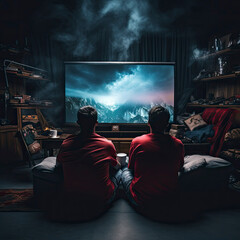 two people sitting in front of a flat screen TV