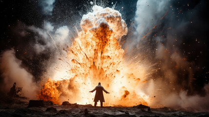 a person standing in front of a massive explosion