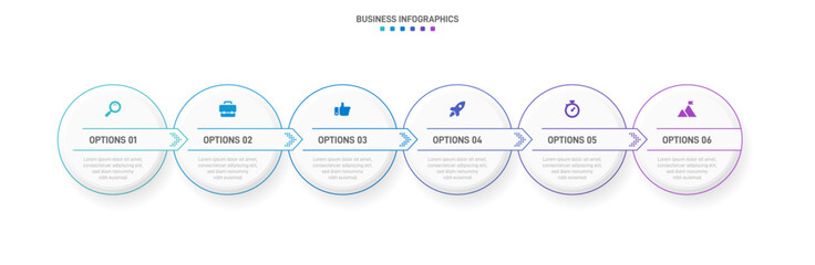 Timeline infographic with infochart. Modern presentation template with 6 spets for business process. Website template on white background for concept modern design. Horizontal layout.