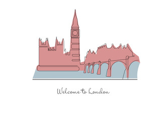 Fototapeta premium Line drawing of Big Ben tower famous for tourism. Palace of Westminster, Big Ben, England.
