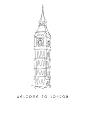Line drawing of Big Ben tower famous for tourism. Palace of Westminster, Big Ben, England.